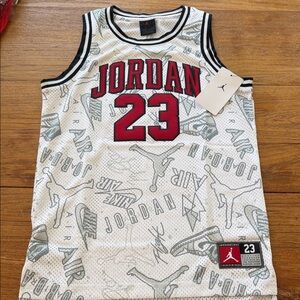 Jordan White Mesh 23 Graphic Basketball Jersey with Red Accents